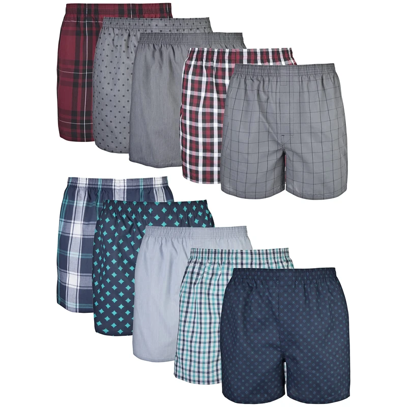Gildan Men's Woven Boxers, Multipack Shorts, Mixed Red/Blue Assorted (10-Pack), L (Pack of 10)