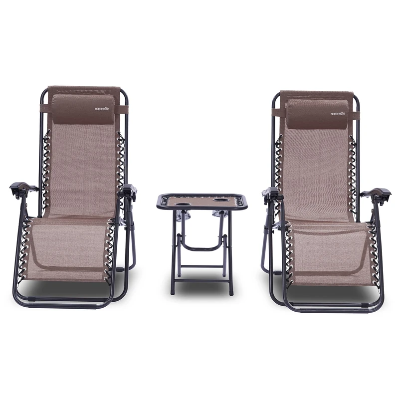 SereneLife Sun Loungers Set of 2, Zero Gravity Chairs, Garden Chairs with Adjustable Headrest Pillow, Cup Holder & Side Table, Foldable- Garden Recliner Chairs, for Poolside, Camping, Patio, Brown