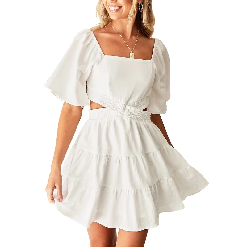 Shy Velvet Women's Summer Dress Square Neck Short Sleeves Crossover Waist Casual Party Mini Dress, White, Large - Image 1