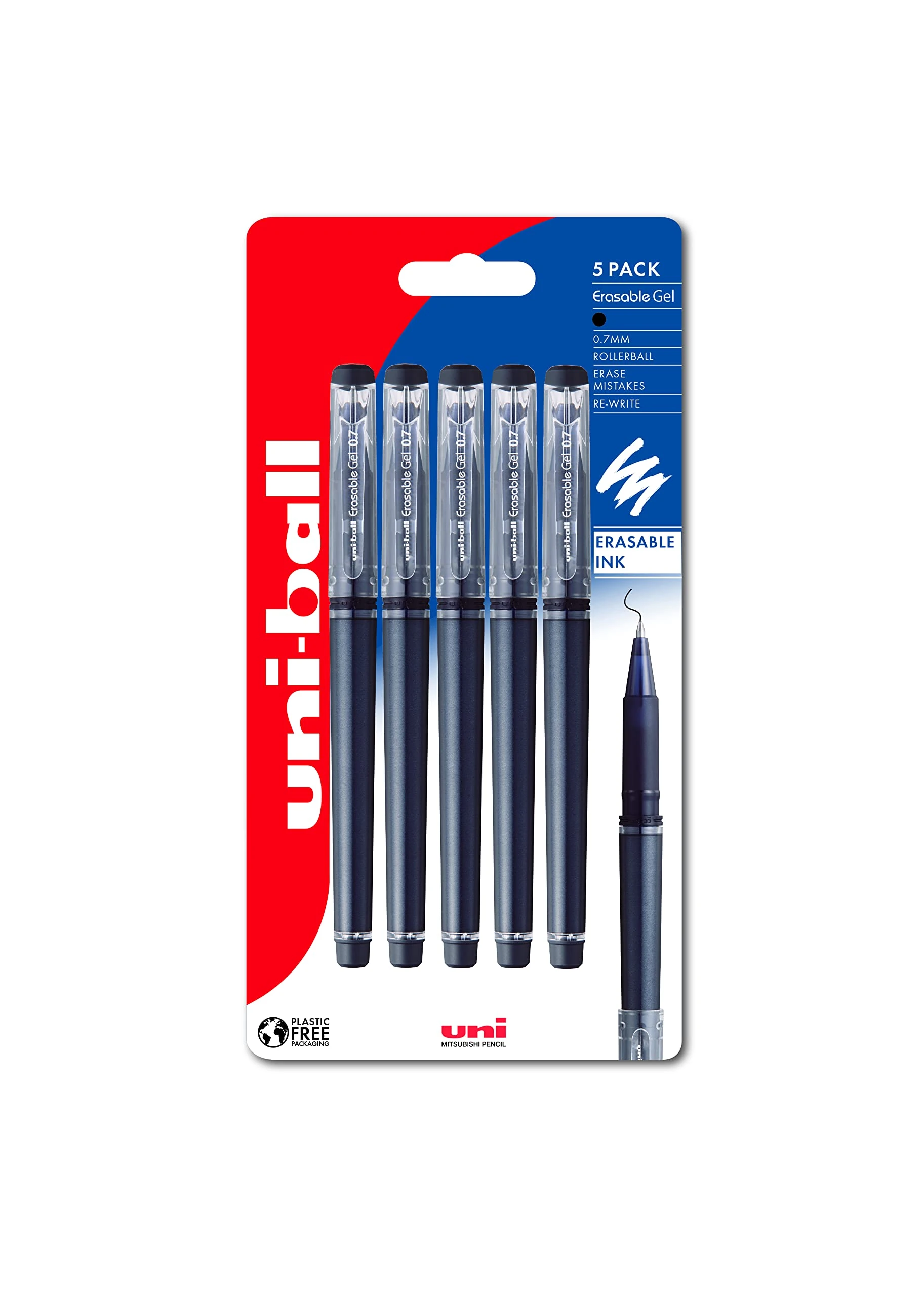 uni-ball UF-222-07 Erasable Rollerball Gel Pens. Premium 0.7mm Ballpoint Tip for Super Smooth Writing, Drawing & Colouring. Capped Eraser for Secure and Stable Rubbing Out. Pack of 5, Black