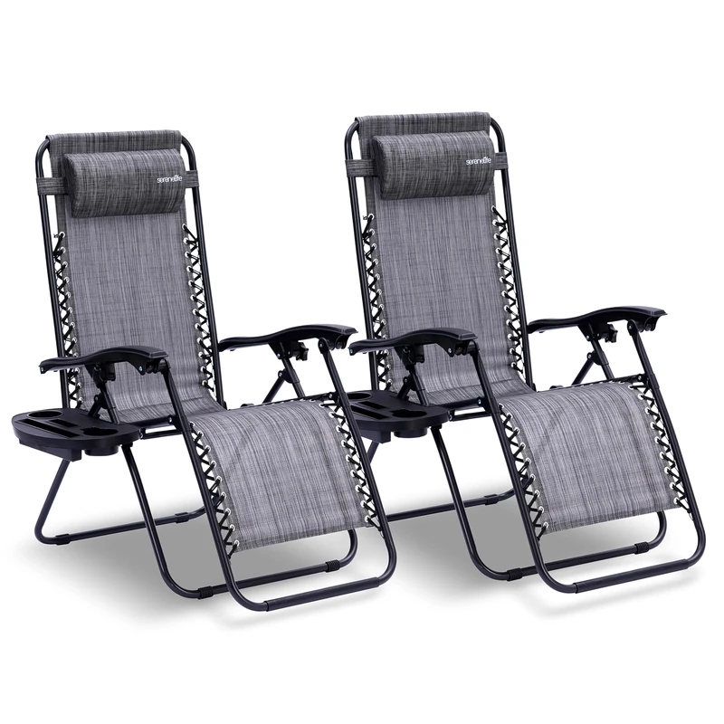 SereneLife Zero Gravity Lounge Chair, Adjustable Steel Mesh Recliners, with Removable Pillows and Cup Holder Trays, Side Tables, Set of 2, Gray