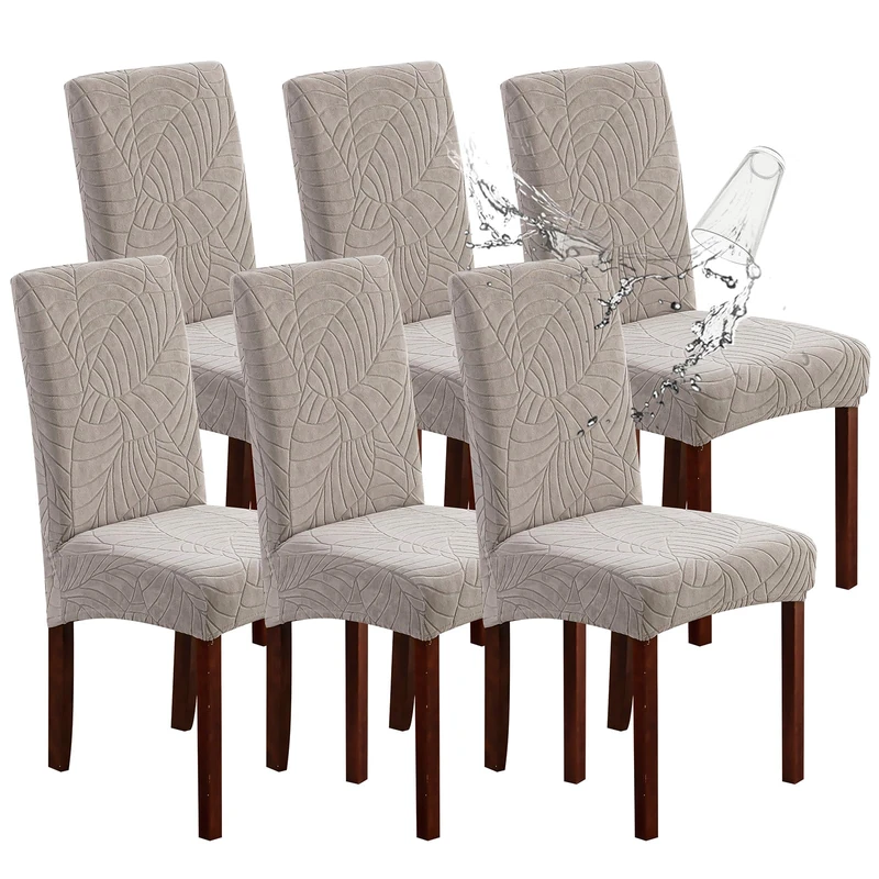 Genina Waterproof Chair Covers for Dining Room Set of 6, Stretch Jacquard Dining Chair Slipcovers Removable Washable Chair Protectors Cover for Kitchen, Hotel, Restaurant (Leaves-Warm Gray, 6 PCS) - Image 1
