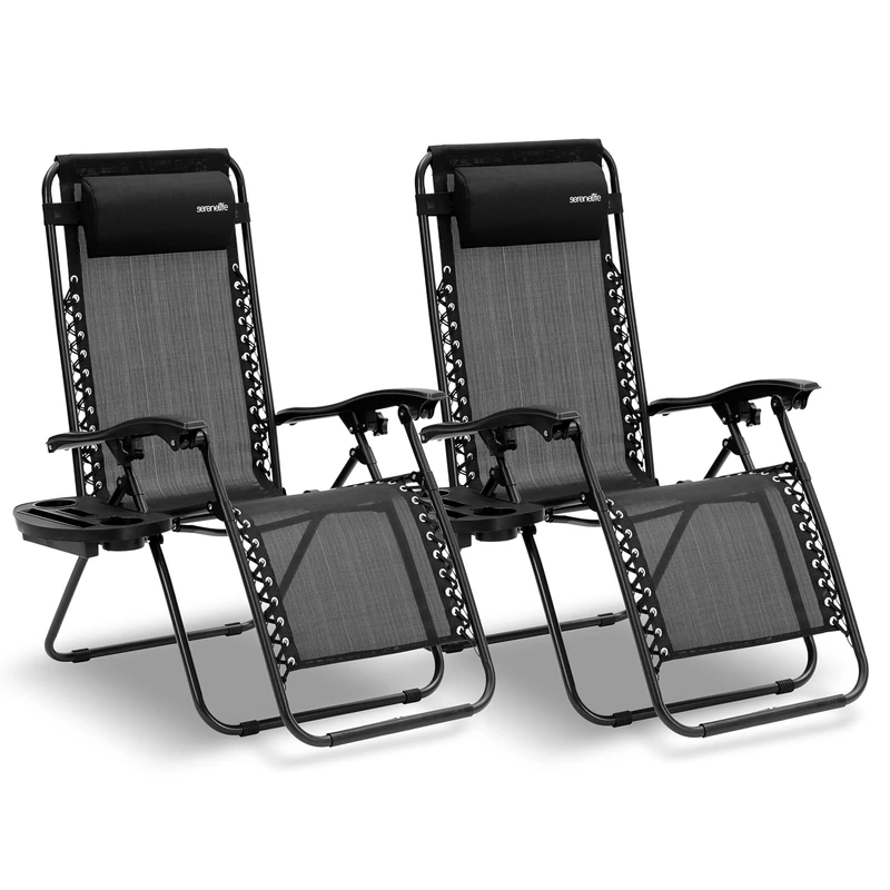 SereneLife Zero Gravity Lounge Chair, Adjustable Steel Mesh Recliners, with Removable Pillows and Cup Holder Trays, Side Tables, Set of 2, Black