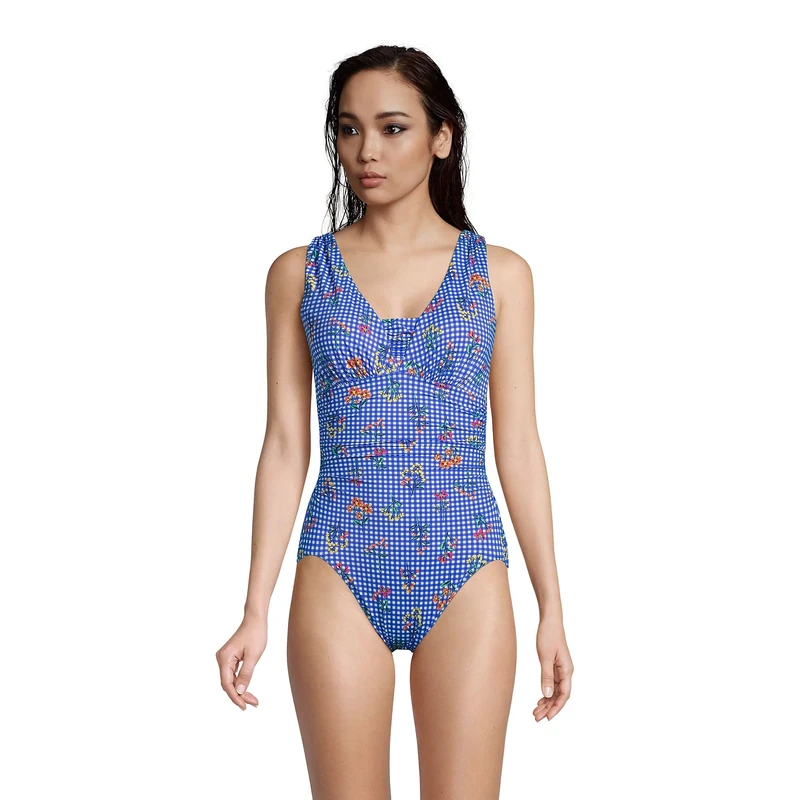 Lands' End Women's SlenderSuit Grecian Tummy Control Chlorine Resistant One Piece Swimsuit, Electric Blue Botanical Check, 22
