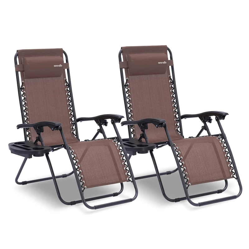 SereneLife Zero Gravity Lounge Chair, Adjustable Steel Mesh Recliners, with Removable Pillows and Cup Holder Trays, Side Tables, Set of 2, Brown