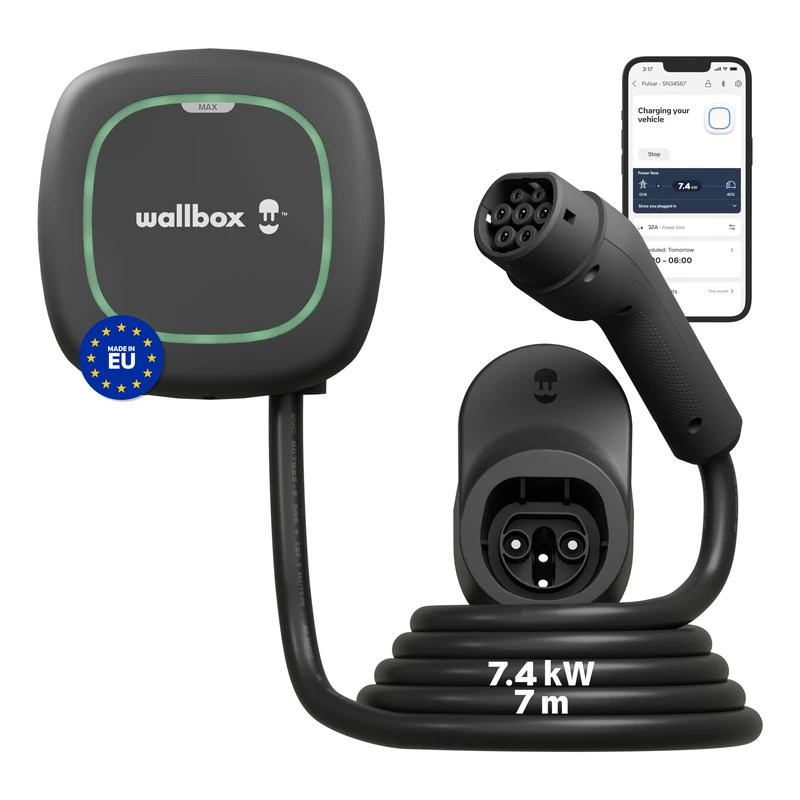 Wallbox Pulsar Max Electric Vehicle Charger (7.4kW, Type 2, Wi-Fi, Bluetooth, OCPP, Indoor/Outdoor, Earthing Protection, 7 Meter Cable, Easy-to-Install Design) Black - Image 1