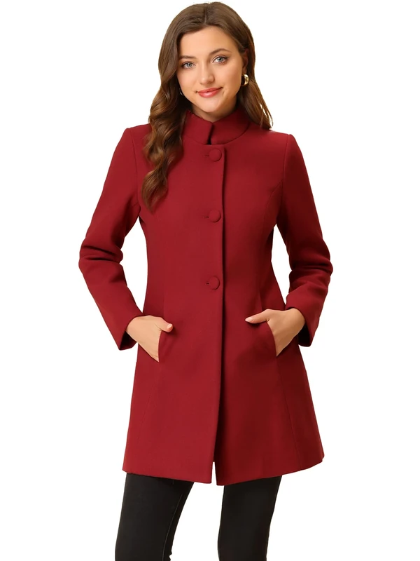 Allegra K Women's Winter Overcoat Mid-Long Stand Collar Single Breasted Coat Outerwear, Red, M