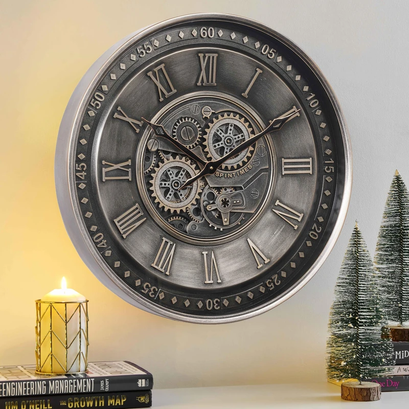 CLXEAST 24 Inch Large Moving Gear Wall Clock for Living Room Decor,Silver Metal Roman Numerals Wall Clocks Battery Operated, Wall Clock Decorative for Home Ofiice, Farmhouse Wall Decor