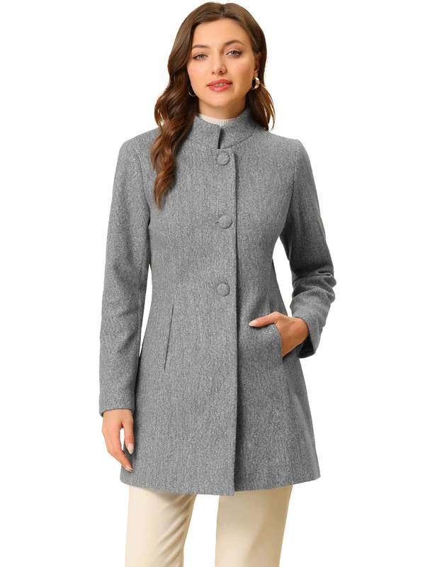 Allegra K Women's Winter Overcoat Mid-Long Stand Collar Single Breasted Coat Outerwear, Grey, L