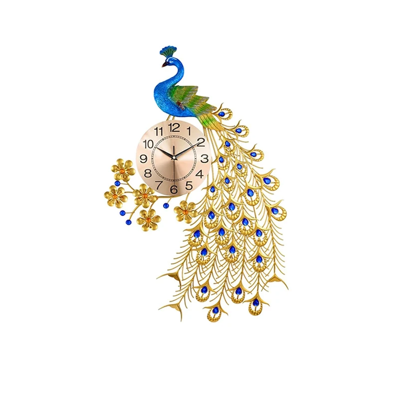 FMTAD Large Peacock Wall Clock for Living Room Decor,Mid Century Decorative Big Wall Clocks Non-Ticking Silent Luxury Peacock Clock for Dining Room Bedroom