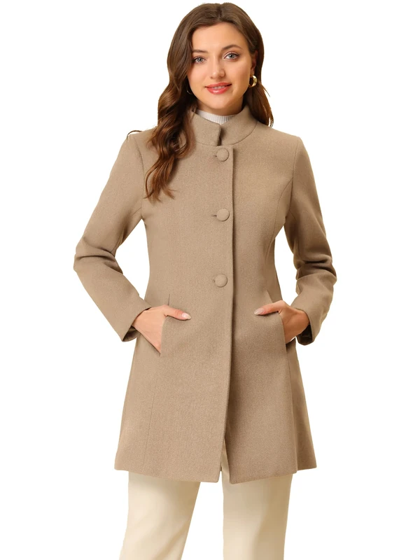 Allegra K Women's Winter Overcoat Mid-Long Stand Collar Woolen Single Breasted Coat Outerwear, Light Brown, M