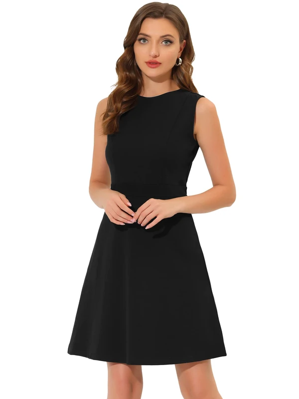 Allegra K Women's Work Dress Round Neck Solid Color Sleeveless A-Line Casual Office Dresses, Black, S
