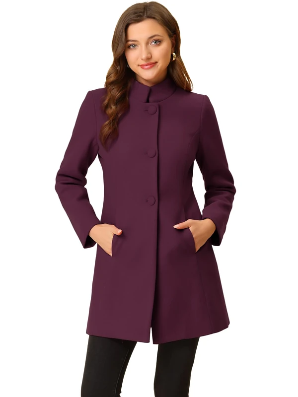 Allegra K Women's Winter Overcoat Mid-Long Stand Collar Single Breasted Coat Outerwear, Purplish Red, XS
