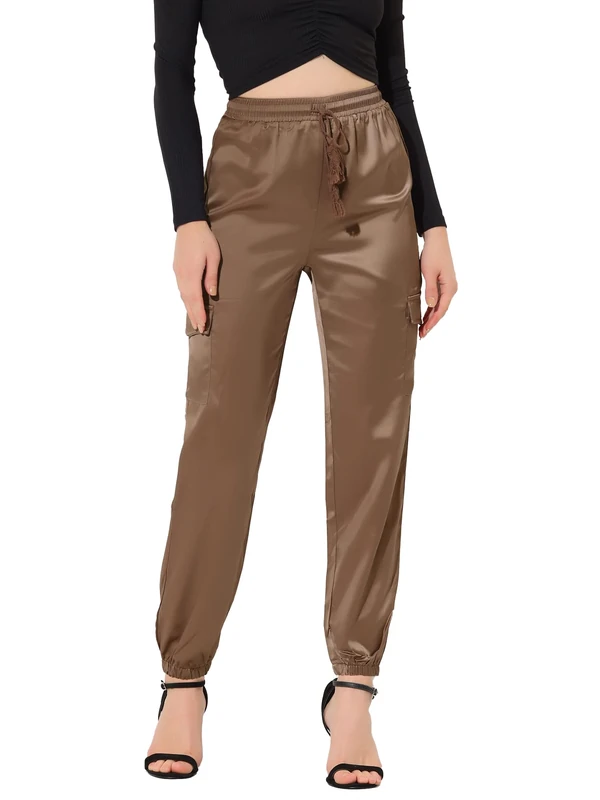 Allegra K Women's Fall Satin Joggers Drawstring Elastic High Waist Shiny Silky Satin Cargo Pants, Tan, Large