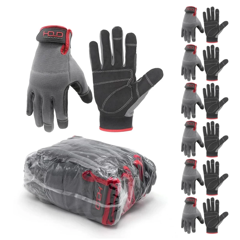 HANDLANDY 6 Pairs Mens Work Gloves Touch Screen, Synthetic Leather Utility Gardening Gloves, Flexible Breathable Spandex Back, Padded Knuckles & Palm (M, Grey)
