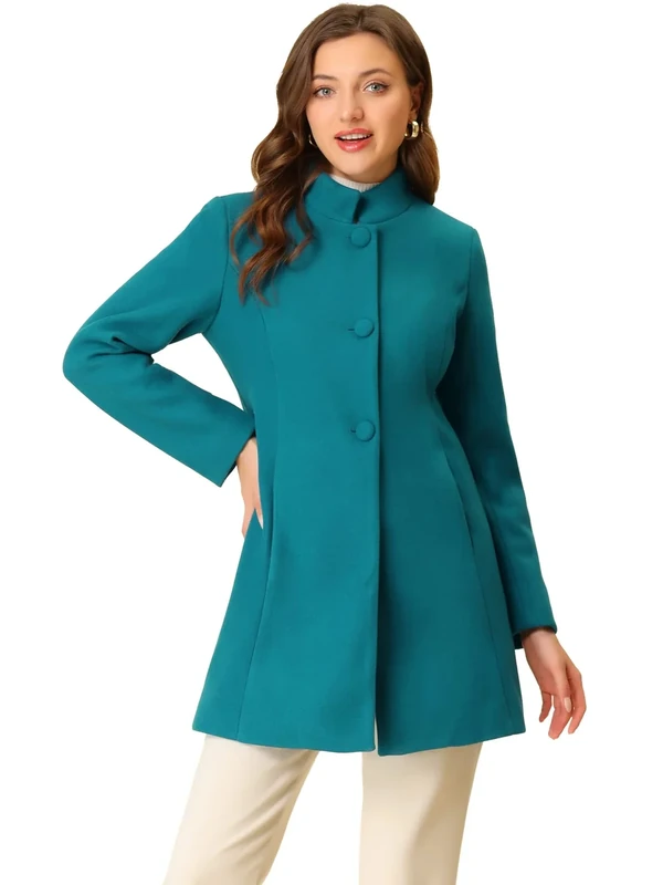 Allegra K Women's Winter Overcoat Mid-Long Stand Collar Single Breasted Coat Outerwear, Lake Blue, L