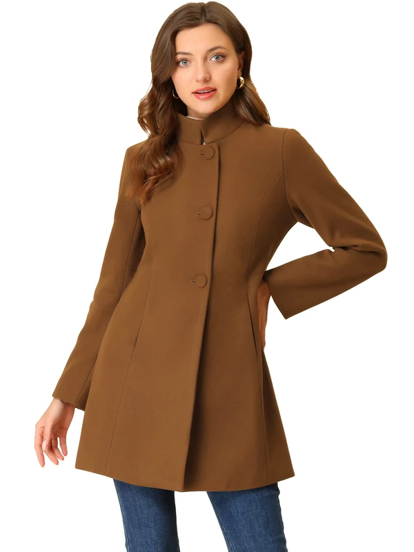 Allegra K Women's Winter Overcoat Mid-Long Stand Collar Single Breasted Coat Outerwear, Brown, S