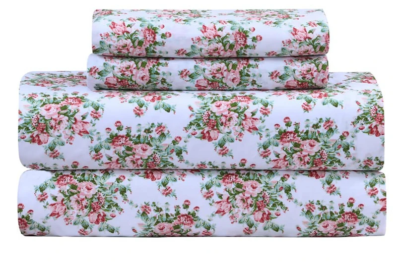 Feather & Stitch Softest 100% Cotton Sheets, 300 Thread Count Percale Weave Double Bed Bedding, 16'' Deep Pocket, Cooling Sheets, Breathable Bed Set, Hotel Premium Quality (Queen, Floral)