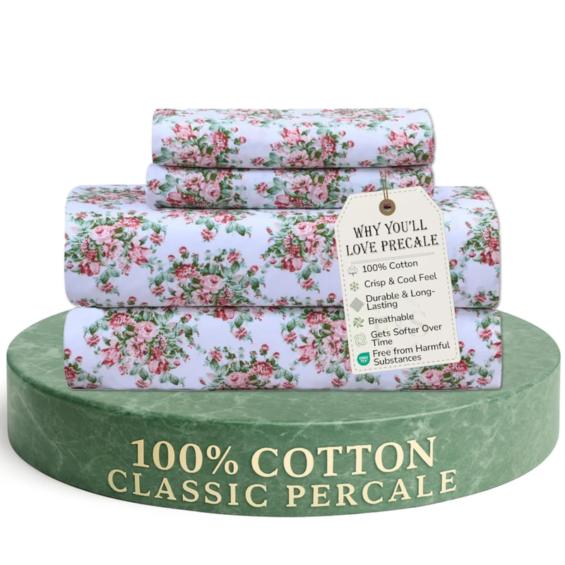 Feather & Stitch 300 Thread Count 100% Cotton Percale Weave Bed Sheets + 2 Pillowcases, Fits Mattress 16'' Deep Pocket, Luxury Breathable 4 Piece Bedding Set, (Floral King)