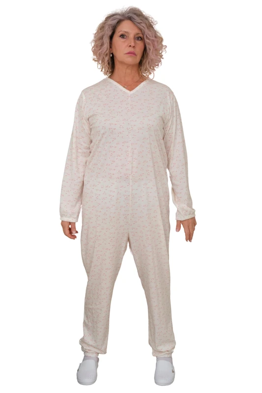 FERRUCCI COMFORT Women's Onesies Zip on the Back Pajamas 100% Cotton Long Sleeve Back Zip Sanitary Pajamas - 9012 - For Alzheimer, Incontinence (L)