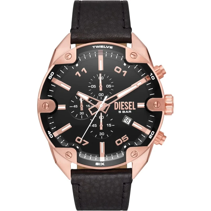 Diesel Watch for Men Spiked, Chronograph Movement, 49 mm Rose Gold Stainless Steel Case with a Leather Strap, DZ4607