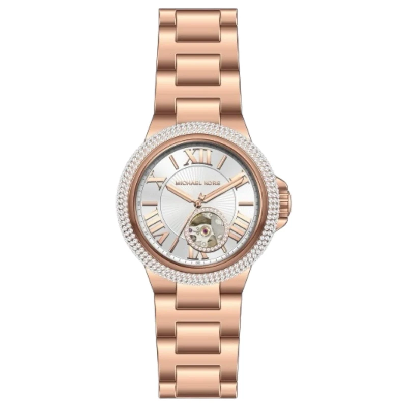 Michael Kors Watch for Women Camille, Automatic Three-Hand Movement, 33 mm Rose Gold Stainless Steel Case with a Stainless Steel Strap, MK9051