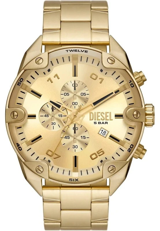 Diesel Watch for Men Spiked, Chronograph Movement, 49 mm Gold Stainless Steel Case with a Stainless Steel Strap, DZ4608