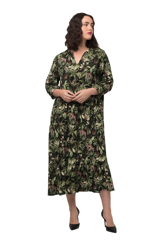 Ulla Popken Women's All-Over Print with Ruffle Details Dress, Black, 50/52, Black, 24/26