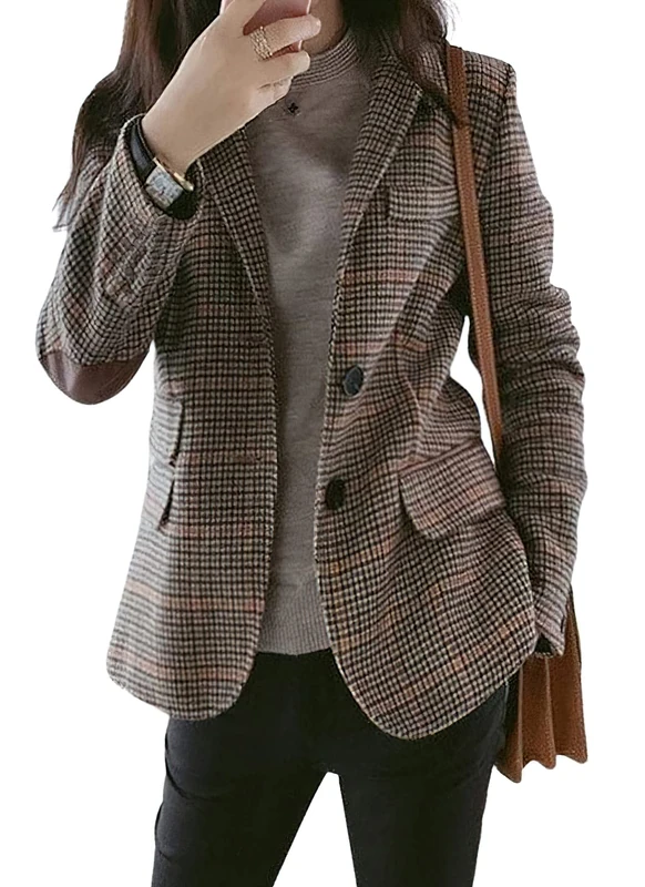 CHARTOU Women's Chic Lapel Collar Plaid 2-Button Business Work Office Blazer Suit Jacket, Brown, L