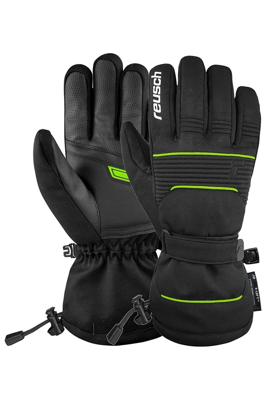 Reusch Crosby R-TEX® XT 7716 7716 Black/Neon Green with Wrist Strap and Waterproof Membrane, Pleasantly Warm Ski Gloves, Sports Gloves, Snow Gloves
