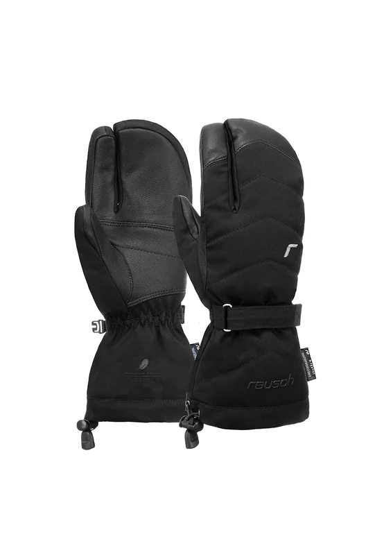 Reusch Nadia R-TEX® XT 3-Finger Gloves with Wrist Strap and Insulation Made of Down and Waterproof Membrane, Very Warm Ski Gloves, Snow Gloves, Lobster Gloves, Black