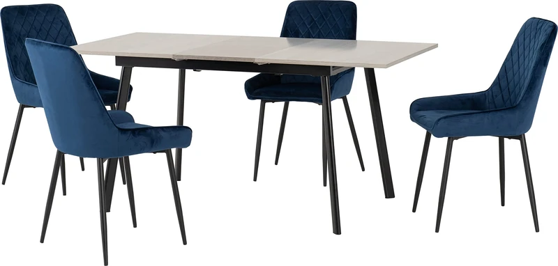 Seconique Avery Extending Dining Set with 4 Chairs in Concrete/Sapphire Blue Velvet