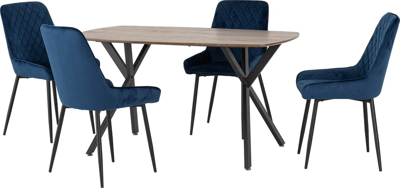 Seconique Athens Dining Table Set with 4 Avery Dining Chairs in Medium Oak Effect/Sapphire Blue Velvet