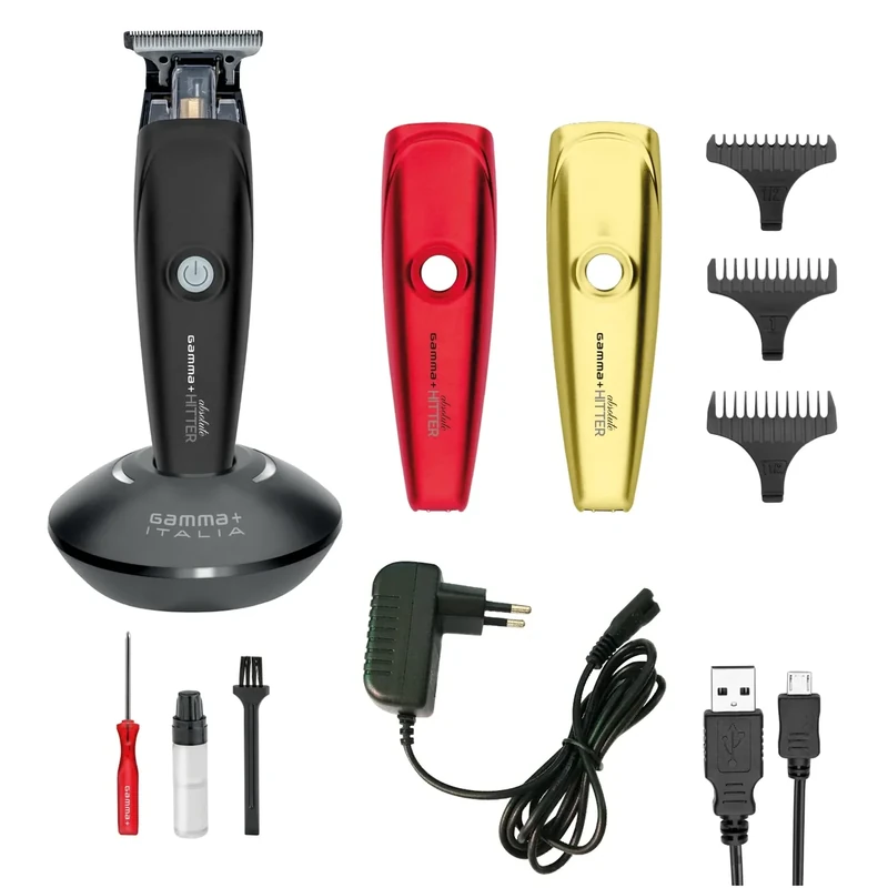 GAMMAPIU' Absolute Hitter Trimmer, Professional Men's Hair Clipper with Replaceable Cover (Black, Red, Gold), Rechargeable Electric Beard Trimmer with Charging Station, Cable and USB - Image 1