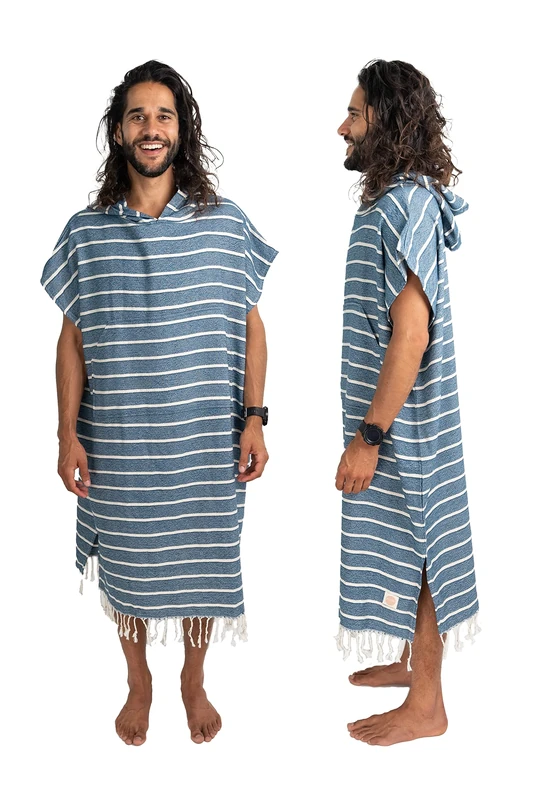 Nova Blue Surf Poncho – Navy & White Striped Surf Poncho Men – Large Adult Hooded Beach Towel Adult (33 X 44) – 100% Turkish Cotton Surf Towel Changing Robe for Surf Beach Pool and Swim