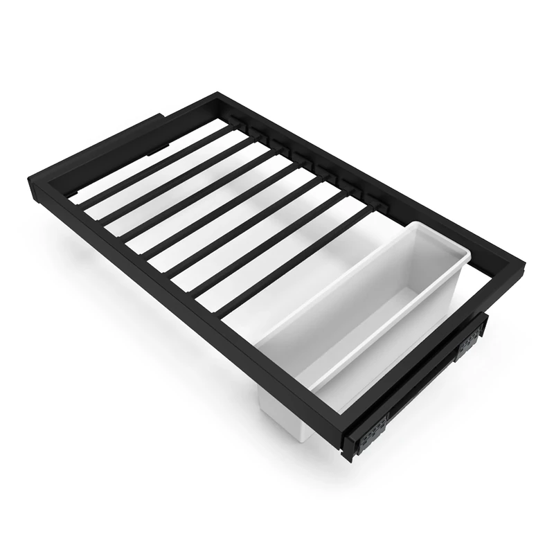 Emuca - Kit of 7 trouser rods with 1 auxiliary tray and rack with soft-close slide for closets, adjustable, module 800mm (31,5 inch), Textured black painted