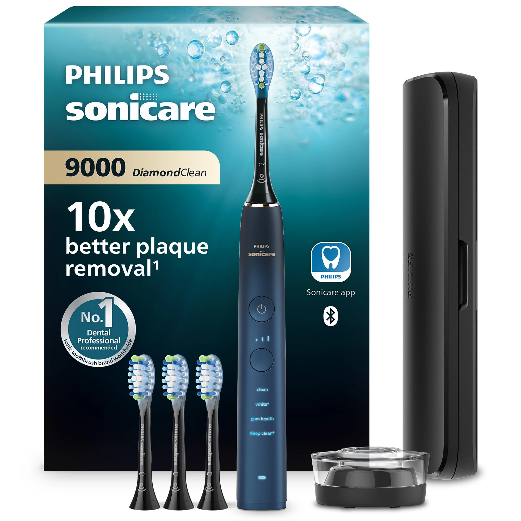 Philips Sonicare DiamondClean 9000 Electric Toothbrush, Special Edition, Sonic Toothbrush with App, Pressure Sensor, 4 Brushing Modes, 3 Intensity Levels, Charging Stand, Aquamarine, Model HX9911/89