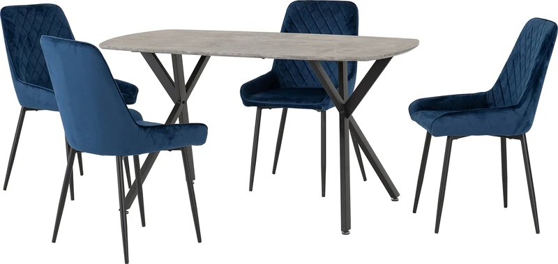 Seconique Athens Dining Table Set with 4 Avery Dining Chairs in Concrete/Sapphire Blue Velvet