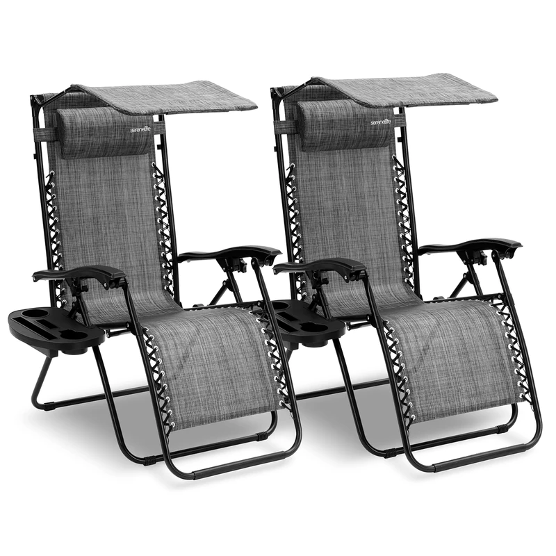 SereneLife Zero Gravity Lounge Chair, Adjustable Steel Mesh Recliners, with Canopy, Removable Pillows and Cup Holder Side Tables, Set of 2, Gray