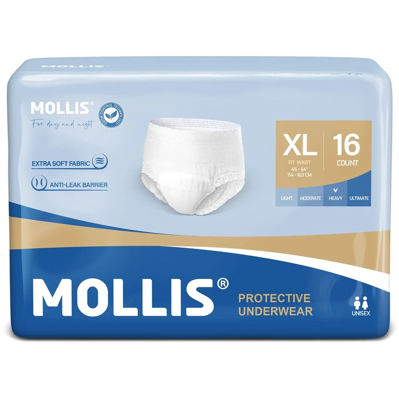 MOLLIS Incontinence Pants for Men & Women, Unisex Disposable Protective Underwear, Adult Pull Up, Maximum Absorbency, X-Large (1 Packs of 16), White