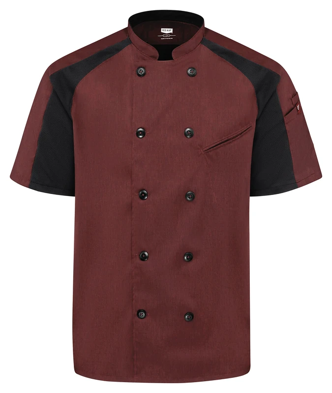 Red Kap Men's Airflow Raglan Chef Coat with Oilblok, Merlot Heather With Black Mesh, Small
