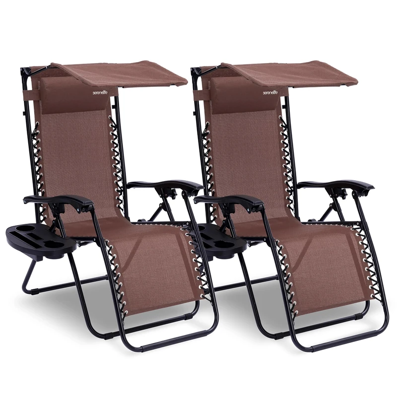 SereneLife Zero Gravity Lounge Chair, Adjustable Steel Mesh Recliners, with Canopy, Removable Pillows and Cup Holder Side Tables, Set of 2, Brown