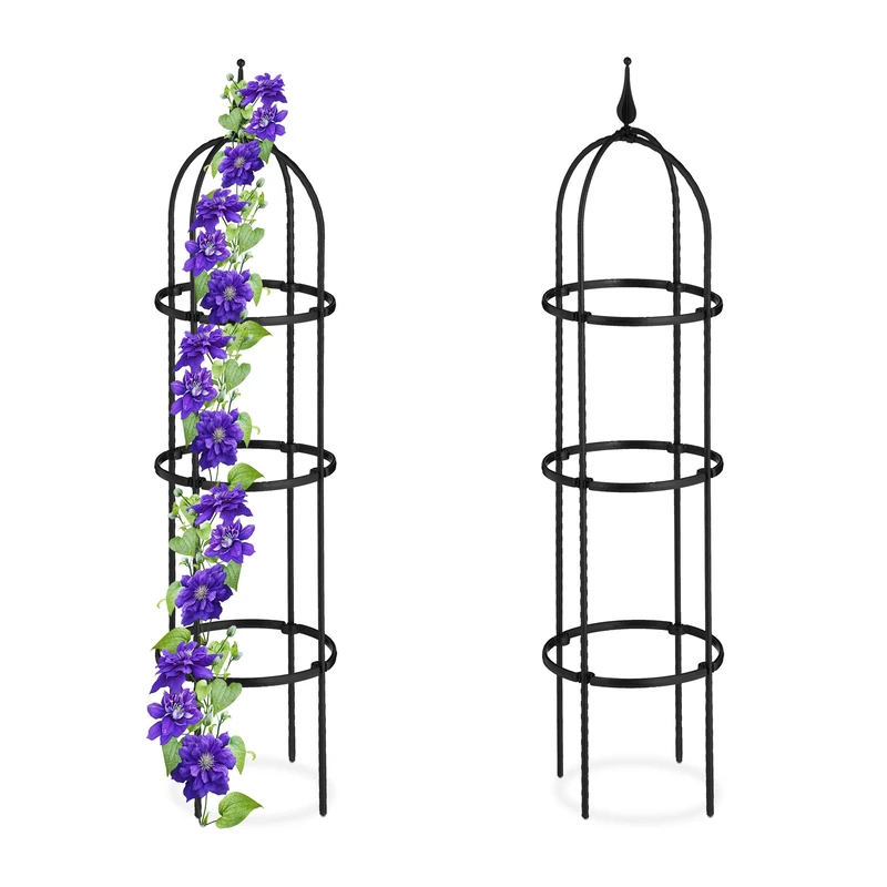 Relaxdays Garden Obelisk, Set of 2, 100 cm Tall, Support for Climbing Plants, Free-Standing, Metal, Rose Cage, Black, Steel