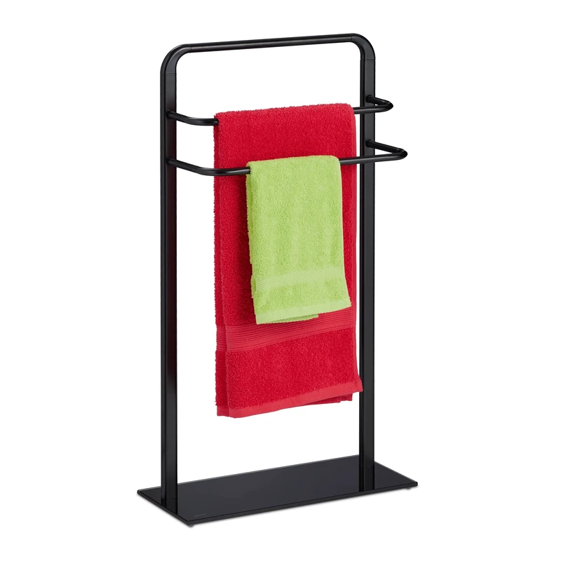 Relaxdays Towel Rack, 3 Bars, HxWxD: 79 x 45 x 20 cm, for Bathroom or Kitchen, Free Standing Dryer, Steel & Glass, Black