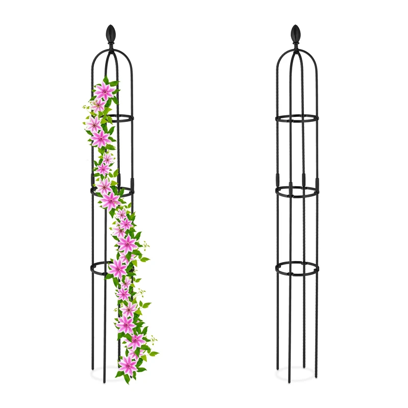 Relaxdays Garden Obelisk, Set of 2, 160 x 20 cm, Support for Climbing Plants, Free-Standing, Metal, Rose Cage, Black, Steel