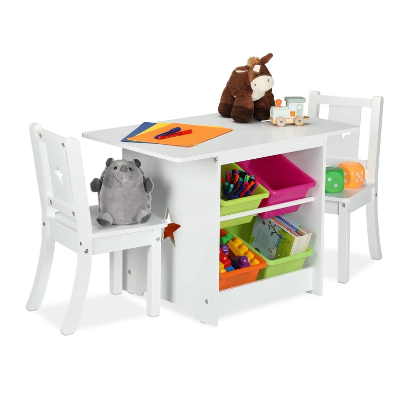 Relaxdays Children's Furniture Set, Kids' Table with 2 Chairs, with Colourful Storage Boxes, HxWxD: 52x75x46 cm, White, Fibreboard