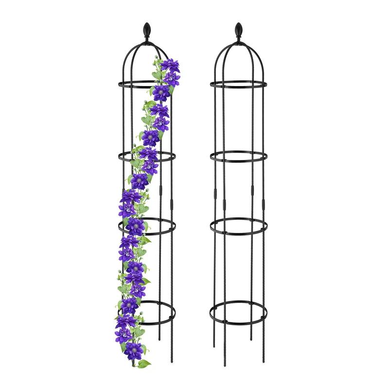 Relaxdays Garden Obelisk, Set of 2, 190 x 35 cm, Support for Climbing Plants, Free-Standing, Metal, Rose Cage, Black, Steel