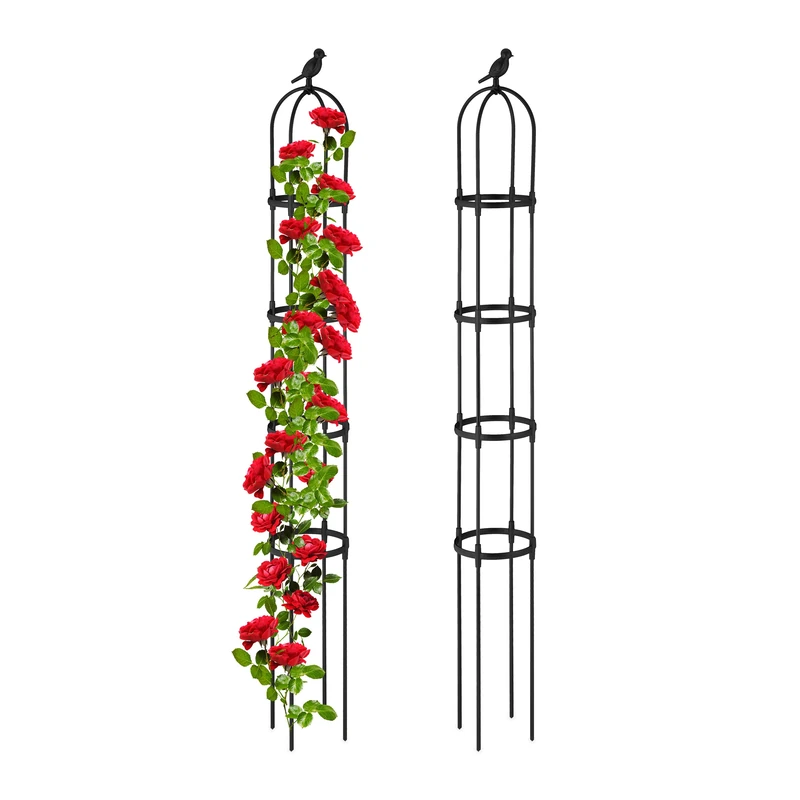 Relaxdays Garden Obelisk, Set of 2, H x D: 188 x 24 cm, Climbing Plants Support, Metal, Free-Standing, Rose Cage, Black