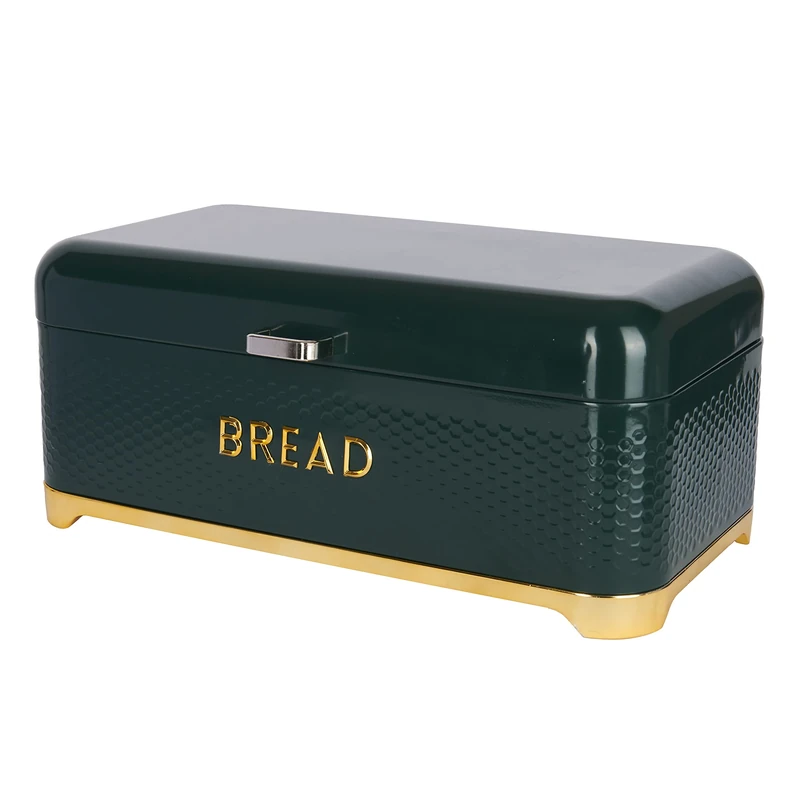 KitchenCraft Textured Large Bread Bin with Lid, Ventilated Design, 41.5 x 2 x 18cm – Hunter Green & Gold