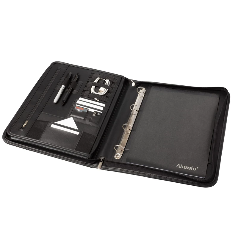 Alassio 31517-2-in-1 Organiser and Expanding Folder DIN A4 with 6 Compartments Imitation Leather Meeting Folder Writing Folder with Ring Mechanism Document Folder Approx. 36.5 x 29 x 5.5 cm Black